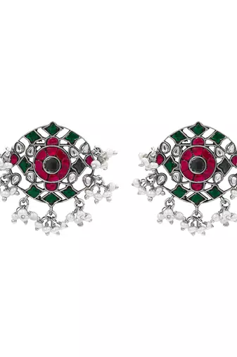 Silver plated ruby red green stone stud earrings