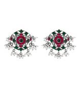 Silver plated ruby red green stone stud earrings