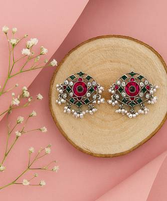 Silver plated ruby red green stone stud earrings 2