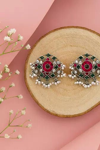 Silver plated ruby red green stone stud earrings