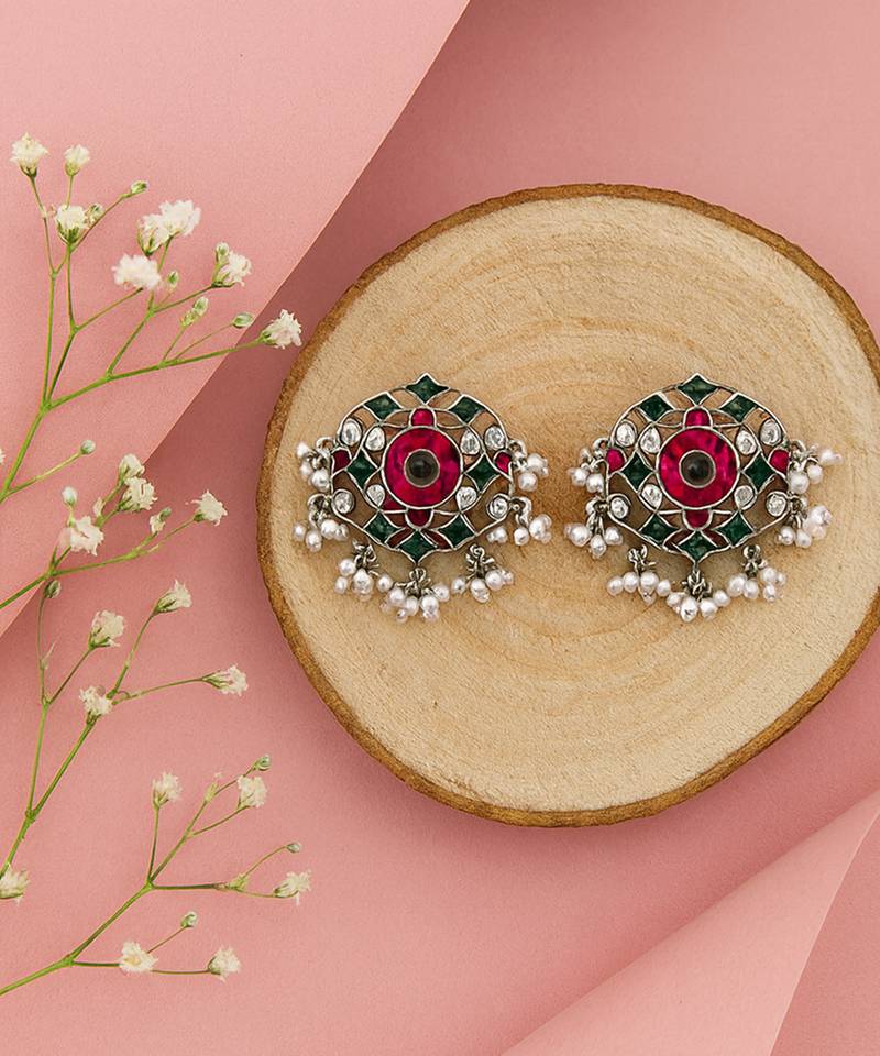 Silver plated ruby red green stone stud earrings