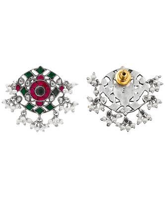 Silver plated ruby red green stone stud earrings 3