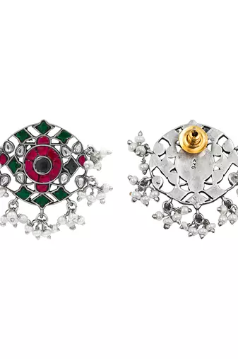 Silver plated ruby red green stone stud earrings