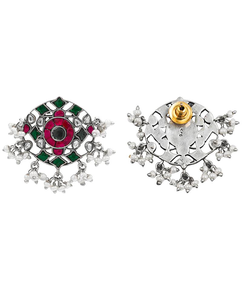Silver plated ruby red green stone stud earrings