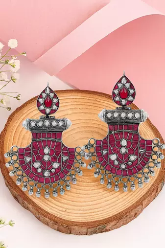 Silver plated pinkish red dangler earrings
