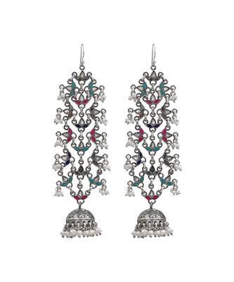 Silver plated multicolor long jhumka earrings 1