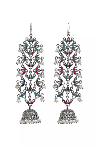 Silver plated multicolor long jhumka earrings