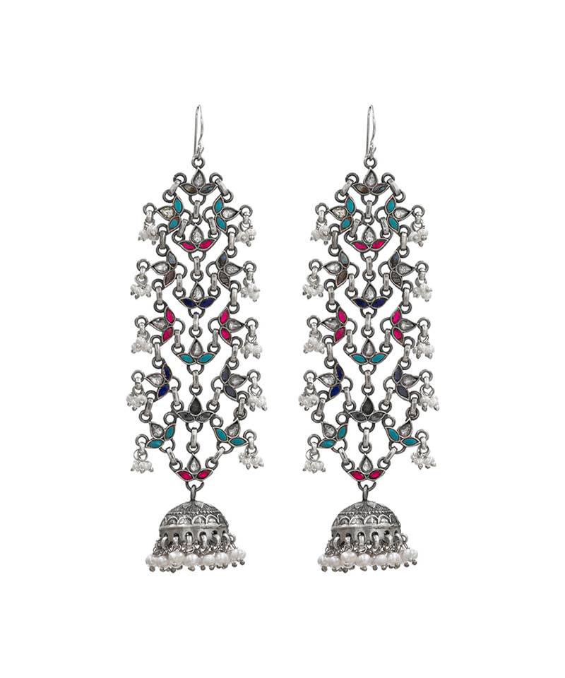Silver plated multicolor long jhumka earrings