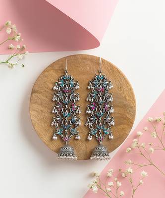 Silver plated multicolor long jhumka earrings 2