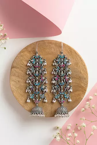 Silver plated multicolor long jhumka earrings