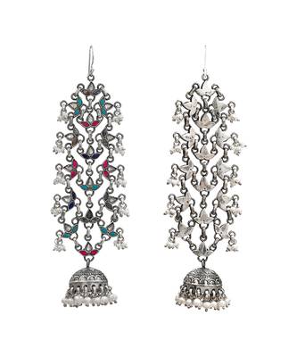 Silver plated multicolor long jhumka earrings 3