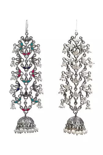 Silver plated multicolor long jhumka earrings