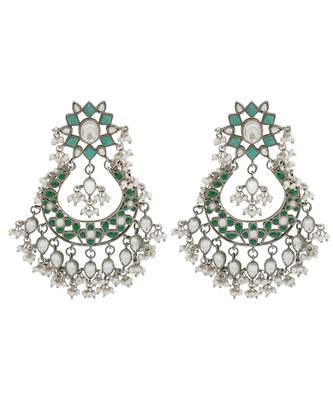 Silver plated green kundan dangler earrings 1