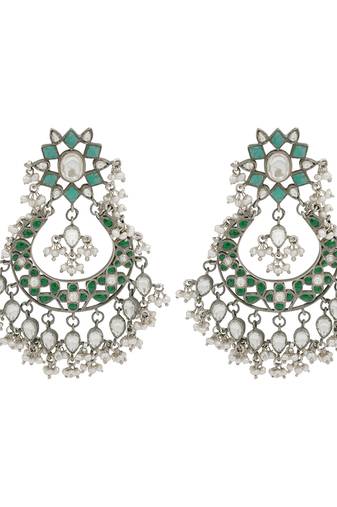 Silver plated green kundan dangler earrings