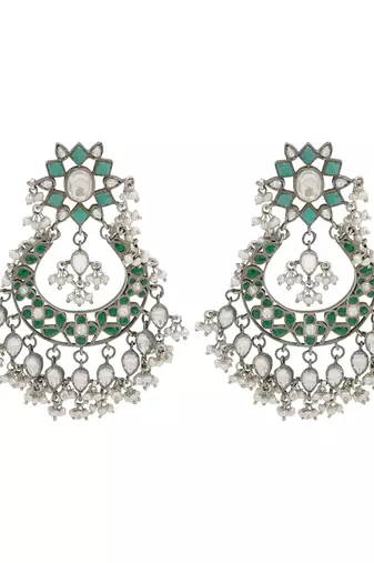Silver plated green kundan dangler earrings