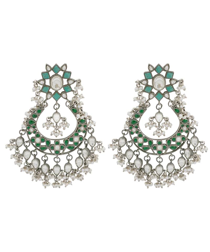 Silver plated green kundan dangler earrings