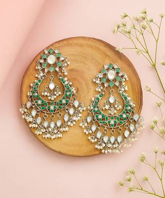 Silver plated green kundan dangler earrings 2