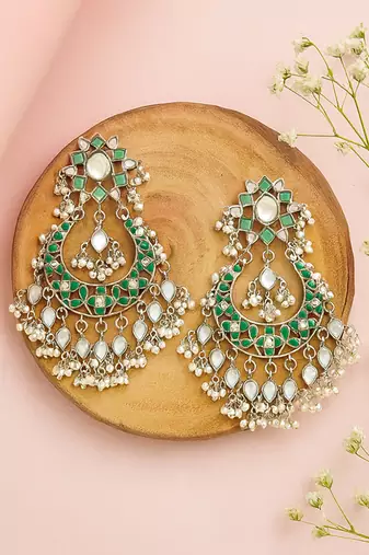 Silver plated green kundan dangler earrings