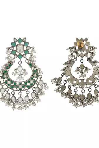 Silver plated green kundan dangler earrings