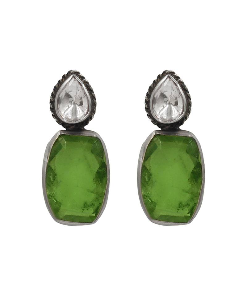 Silver plated green stone drop earrings