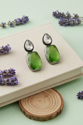 Silver plated green stone drop earrings