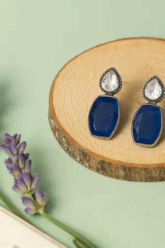 Silver plated dark blue stone drop earrings