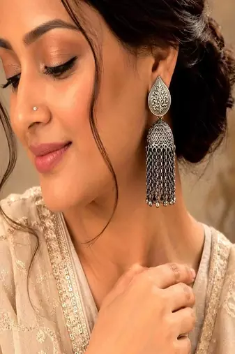 Statement Oxidized Silver Jhumka Earrings, Long Tassel Dangle Jhumki