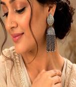 Statement Oxidized Silver Jhumka Earrings, Long Tassel Dangle Jhumki