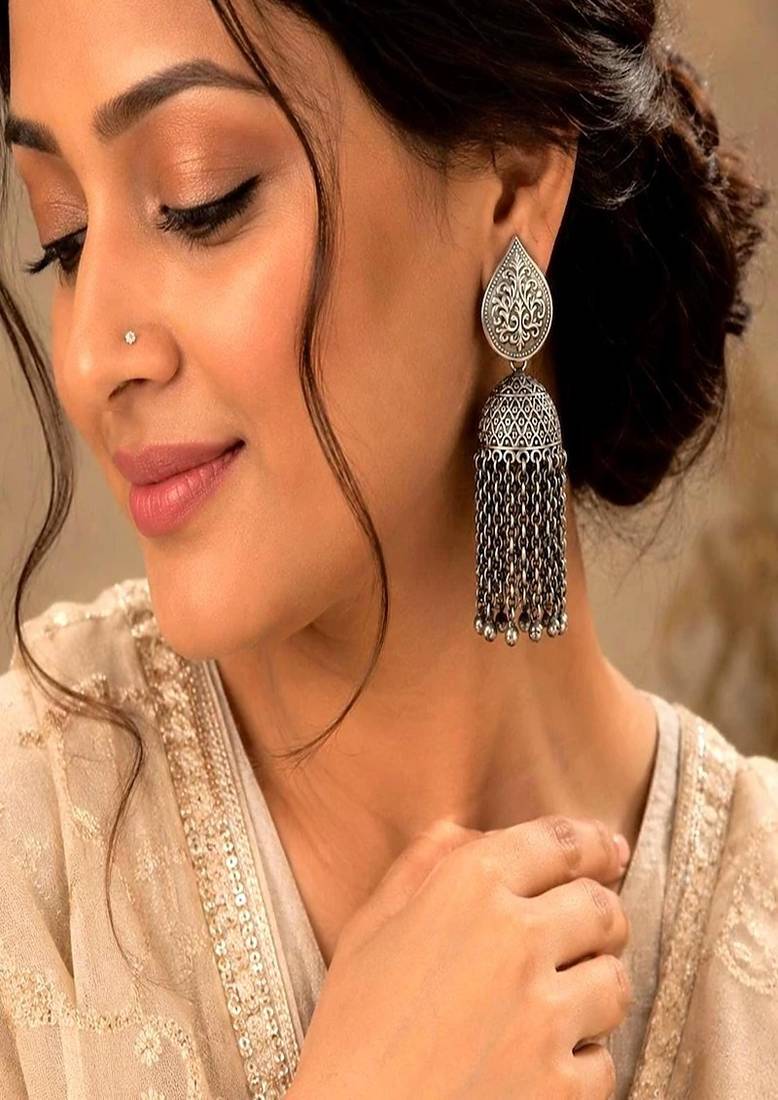 Statement Oxidized Silver Jhumka Earrings, Long Tassel Dangle Jhumki