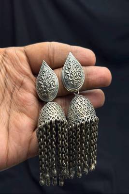Statement Oxidized Silver Jhumka Earrings, Long Tassel Dangle Jhumki 2