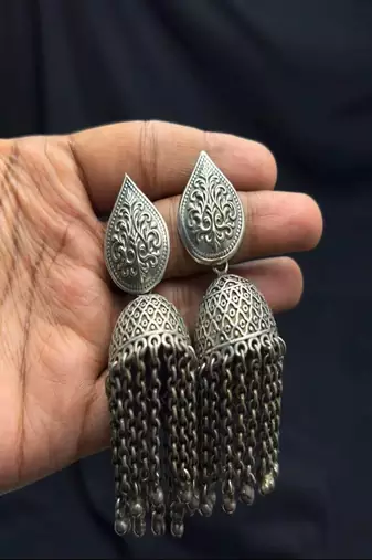 Statement Oxidized Silver Jhumka Earrings, Long Tassel Dangle Jhumki