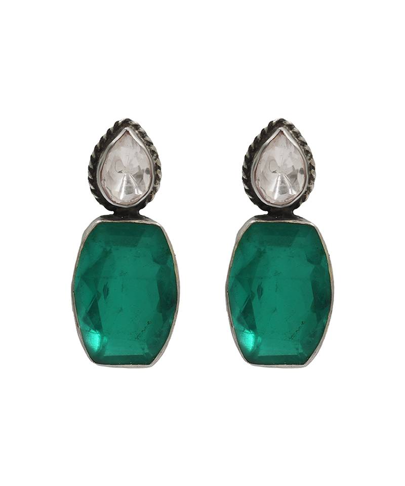 Silver plated green stone drop earrings