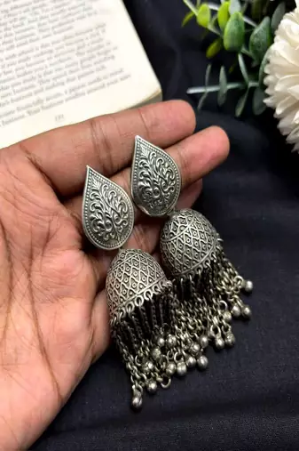 Statement Oxidized Silver Jhumka Earrings, Long Tassel Dangle Jhumki