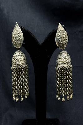 Statement Oxidized Silver Jhumka Earrings, Long Tassel Dangle Jhumki 4