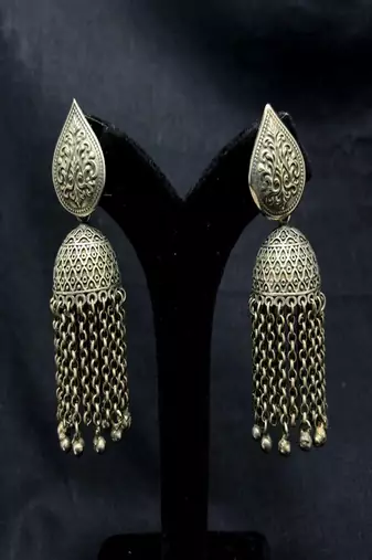Statement Oxidized Silver Jhumka Earrings, Long Tassel Dangle Jhumki