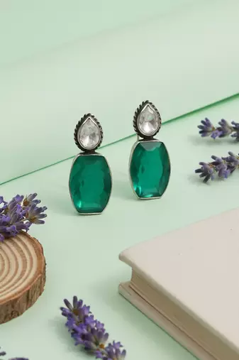 Silver plated green stone drop earrings