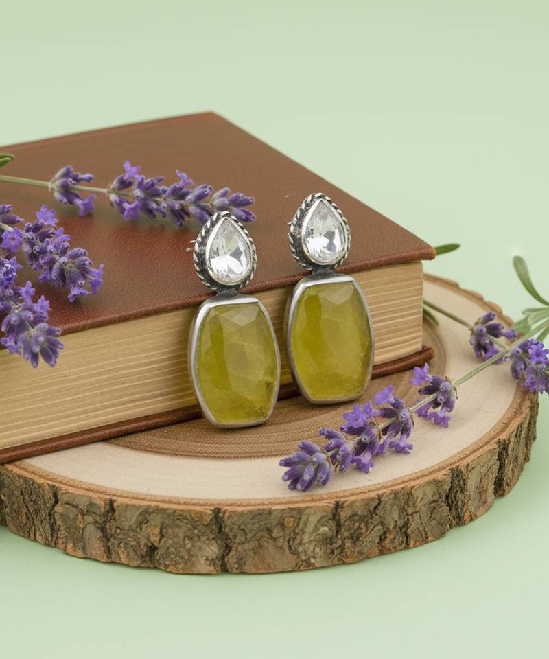 Silver plated yellowish green drop earrings