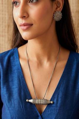 Oxidized Silver Tribal Necklace Set | Dholki Taweez Pendant with Snake Chain | Large Floral Stud Earrings 1