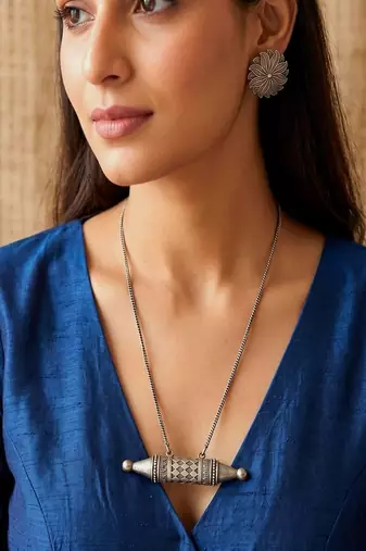 Oxidized Silver Tribal Necklace Set | Dholki Taweez Pendant with Snake Chain | Large Floral Stud Earrings