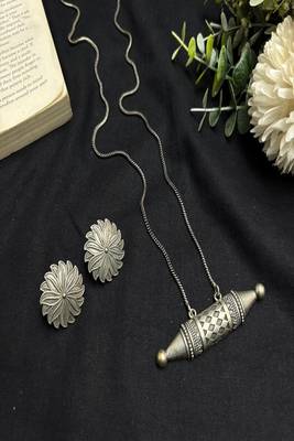 Oxidized Silver Tribal Necklace Set | Dholki Taweez Pendant with Snake Chain | Large Floral Stud Earrings 2