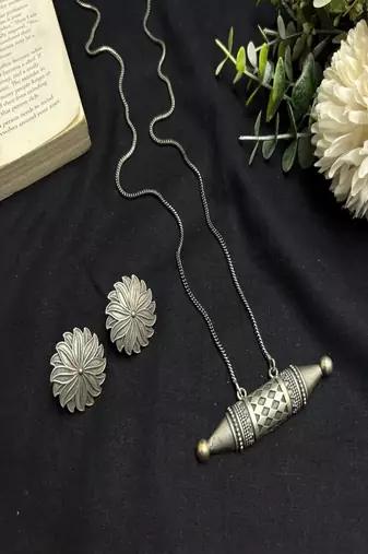 Oxidized Silver Tribal Necklace Set | Dholki Taweez Pendant with Snake Chain | Large Floral Stud Earrings