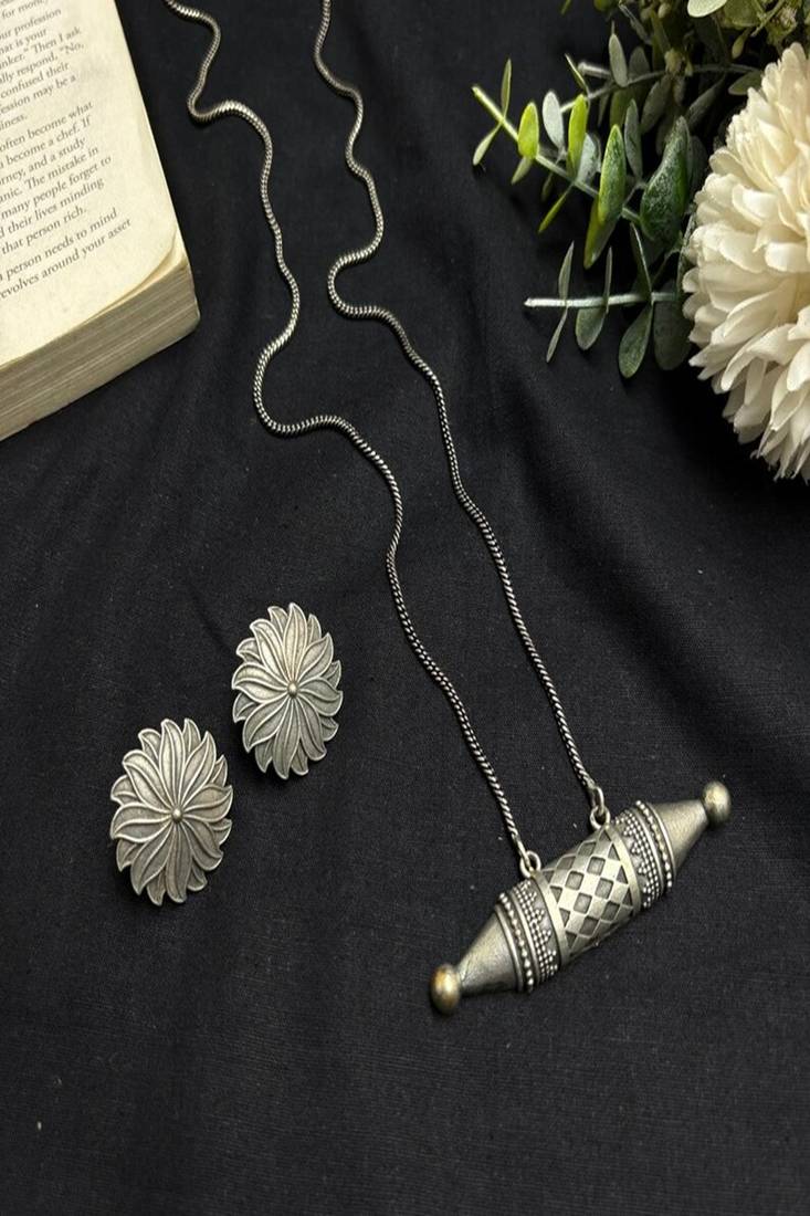 Oxidized Silver Tribal Necklace Set | Dholki Taweez Pendant with Snake Chain | Large Floral Stud Earrings