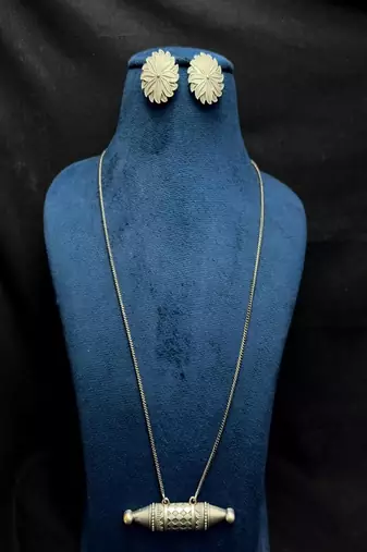 Oxidized Silver Tribal Necklace Set | Dholki Taweez Pendant with Snake Chain | Large Floral Stud Earrings