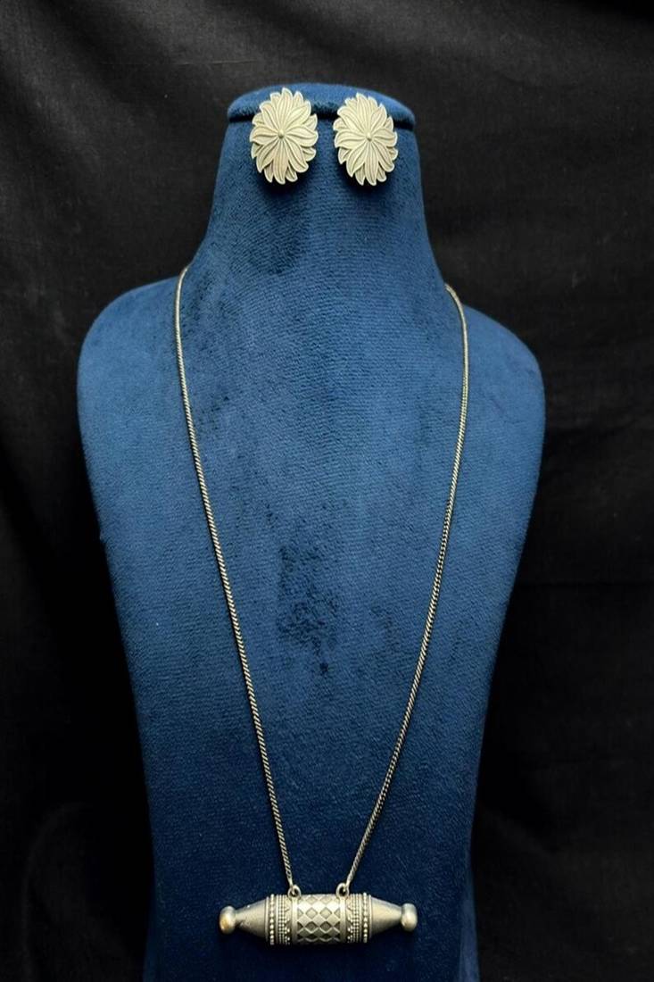Oxidized Silver Tribal Necklace Set | Dholki Taweez Pendant with Snake Chain | Large Floral Stud Earrings