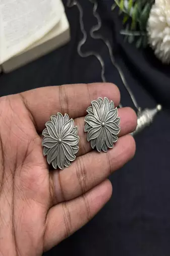 Oxidized Silver Tribal Necklace Set | Dholki Taweez Pendant with Snake Chain | Large Floral Stud Earrings