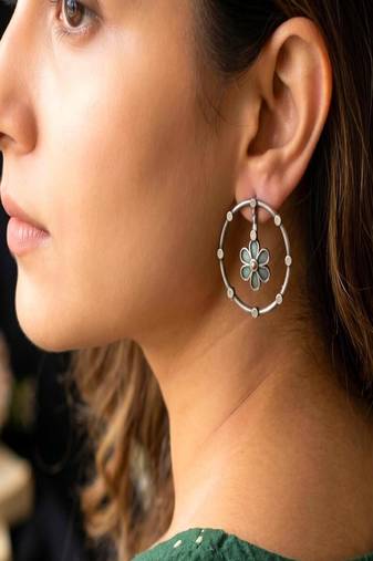Oxidized Silver Floral Circle Earrings, Handcrafted Boho Studs, Indian Ethnic Jewelry