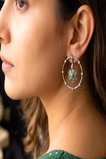 Oxidized Silver Floral Circle Earrings, Handcrafted Boho Studs, Indian Ethnic Jewelry