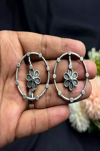 Oxidized Silver Floral Circle Earrings, Handcrafted Boho Studs, Indian Ethnic Jewelry