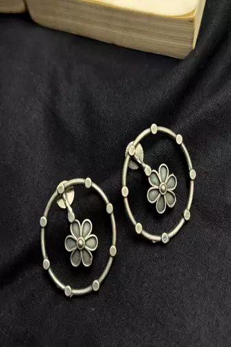 Oxidized Silver Floral Circle Earrings, Handcrafted Boho Studs, Indian Ethnic Jewelry