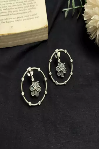 Oxidized Silver Floral Circle Earrings, Handcrafted Boho Studs, Indian Ethnic Jewelry